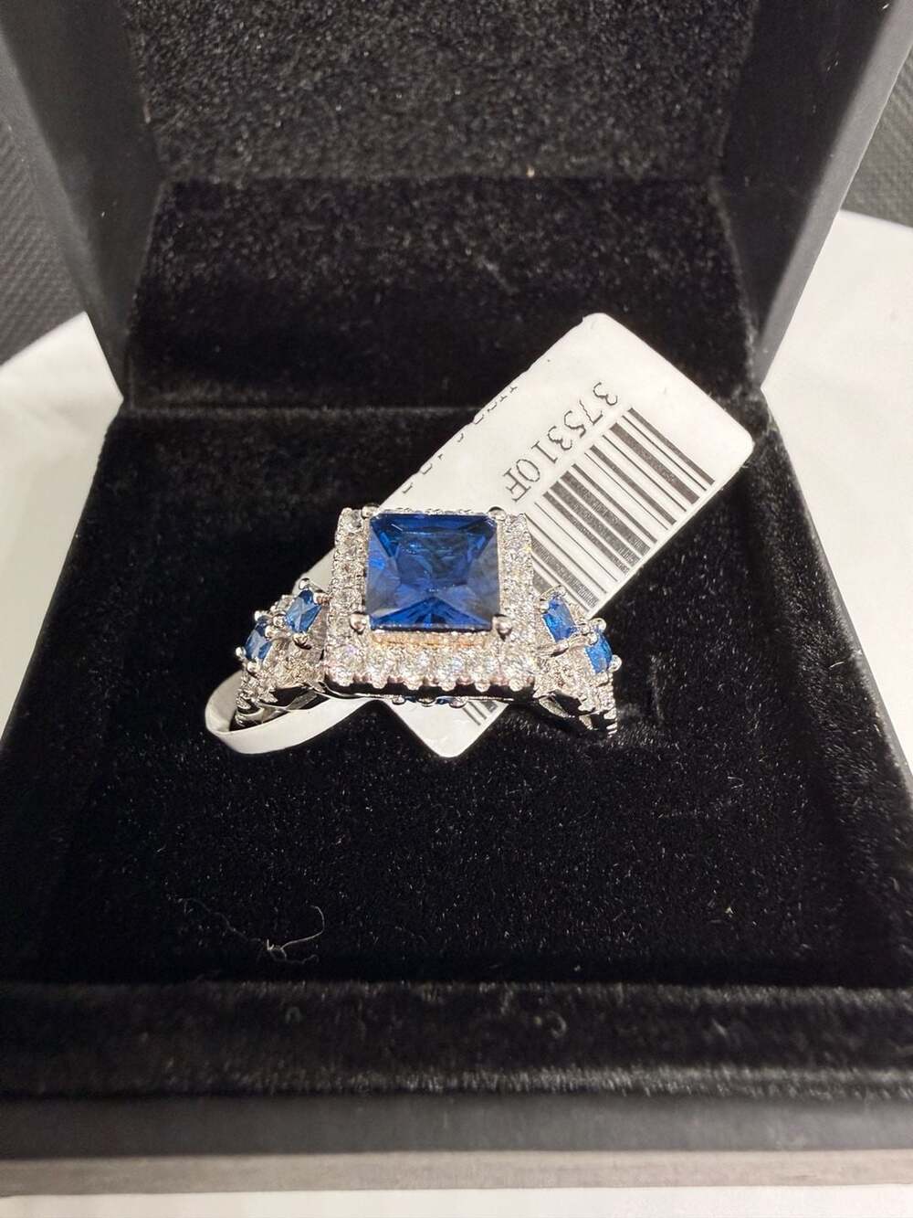 JOANCEE Princess Cut Blue Sapphire CZ Halo Engagement Ring Sterling Silver size